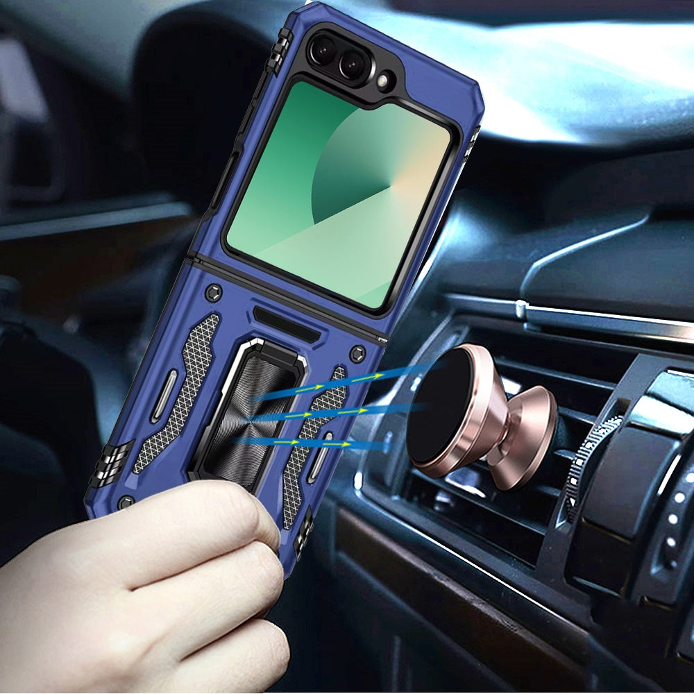 For Samsung Galaxy Z Flip 7 Tough Hybrid Case with Movable Camera Window & Metal Ring Stand Shockproof Case Cover