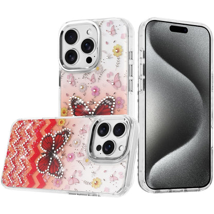 For Apple iPhone 15 Pro Max Butterfly Resin Epoxy Diamond Design Metal Edged Hybrid Shockproof Heavy Duty Drop Protection Case Cover