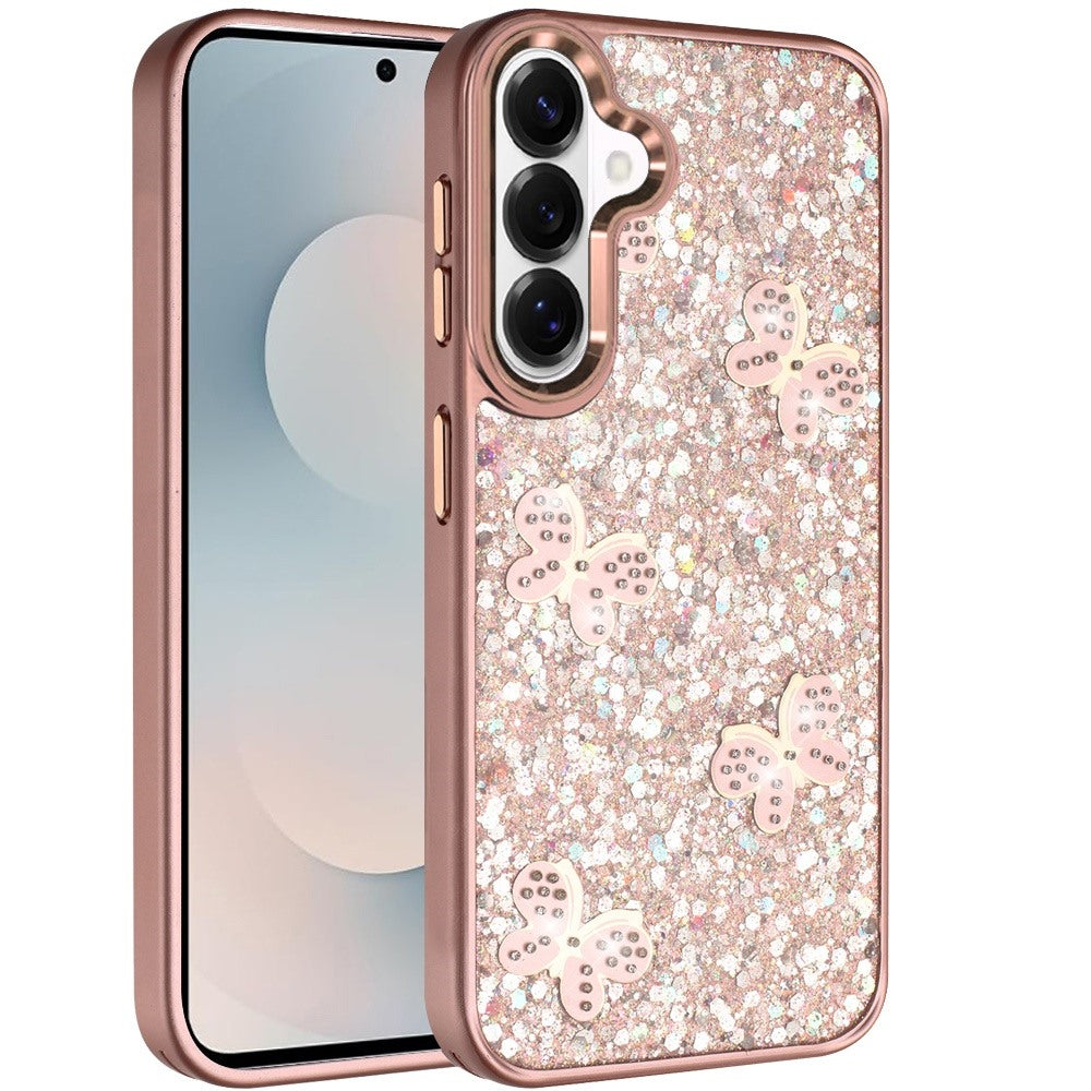 For Samsung Galaxy S26 Cute Butterfly Crystal Diamond Glitter Case Sparkle Bling Frame Metallic Edges, Shimmer TPU Hybrid Case Cover