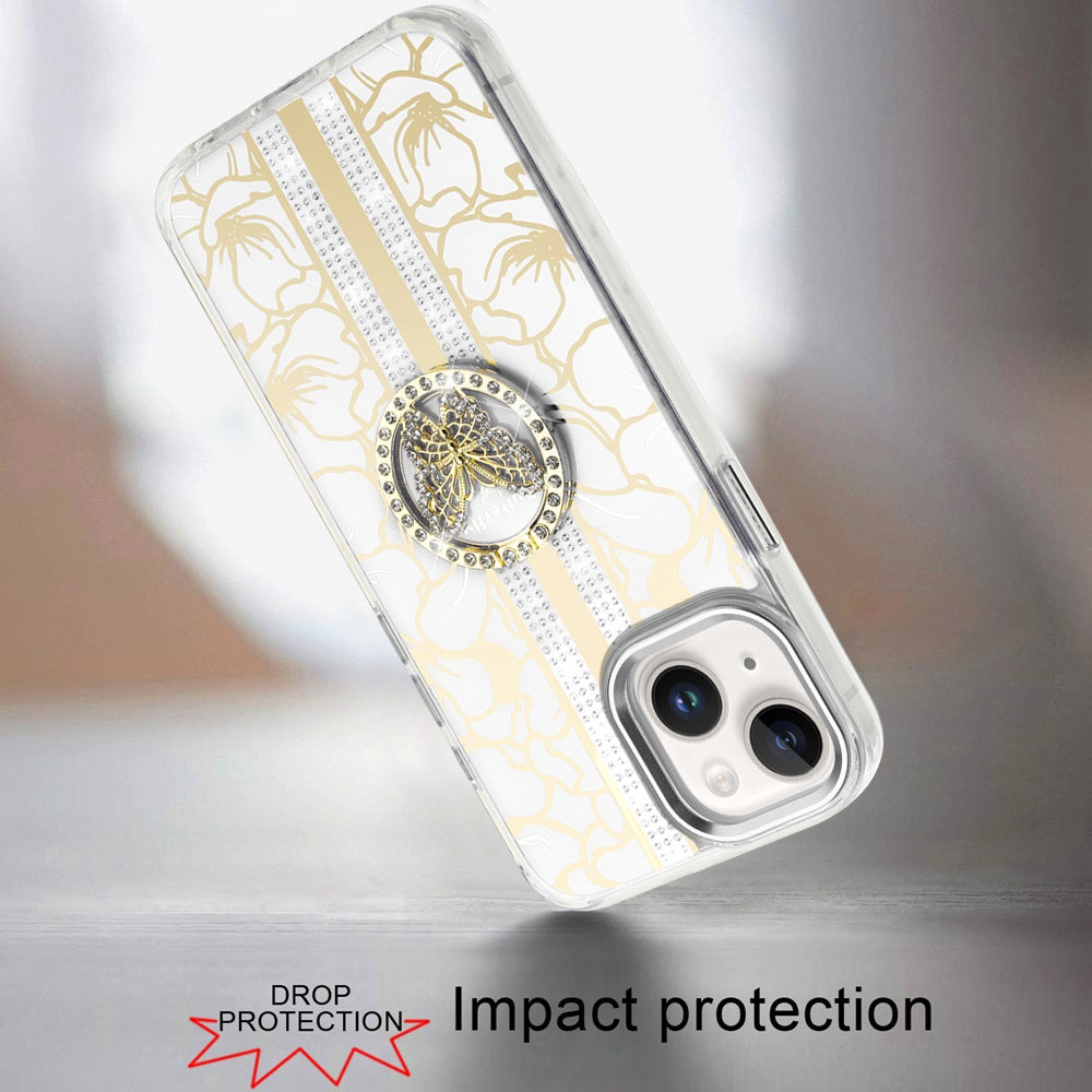 Phone Case for iPhone 15 (6.1") Floral Butterfly Ring Stand Glitter Shockproof Hybrid Luxury Metal Camera Protective Anti Slip Durable Grip Cover White