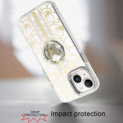 Phone Case for iPhone 15 (6.1") Floral Butterfly Ring Stand Glitter Shockproof Hybrid Luxury Metal Camera Protective Anti Slip Durable Grip Cover White