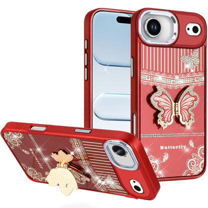 For Apple iPhone 17 Air (6.6") Glitter 3D Butterfly Design Bling Metallic Edge Hybrid Stand Drop Protection TPU Shockproof Case Cover