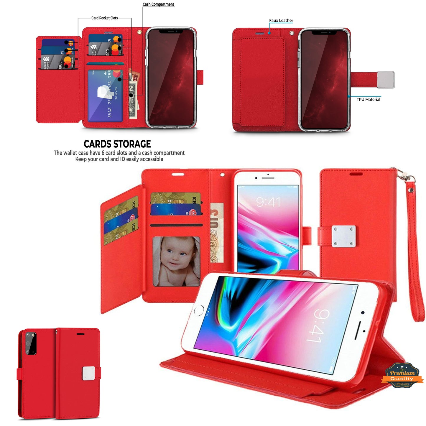 For Apple iPhone 17E /16E Wallet Cases PU Leather with Credit Card /ID /Cash Holder Slot Dual Flip Book Pouch, Stand and Strap Case Cover