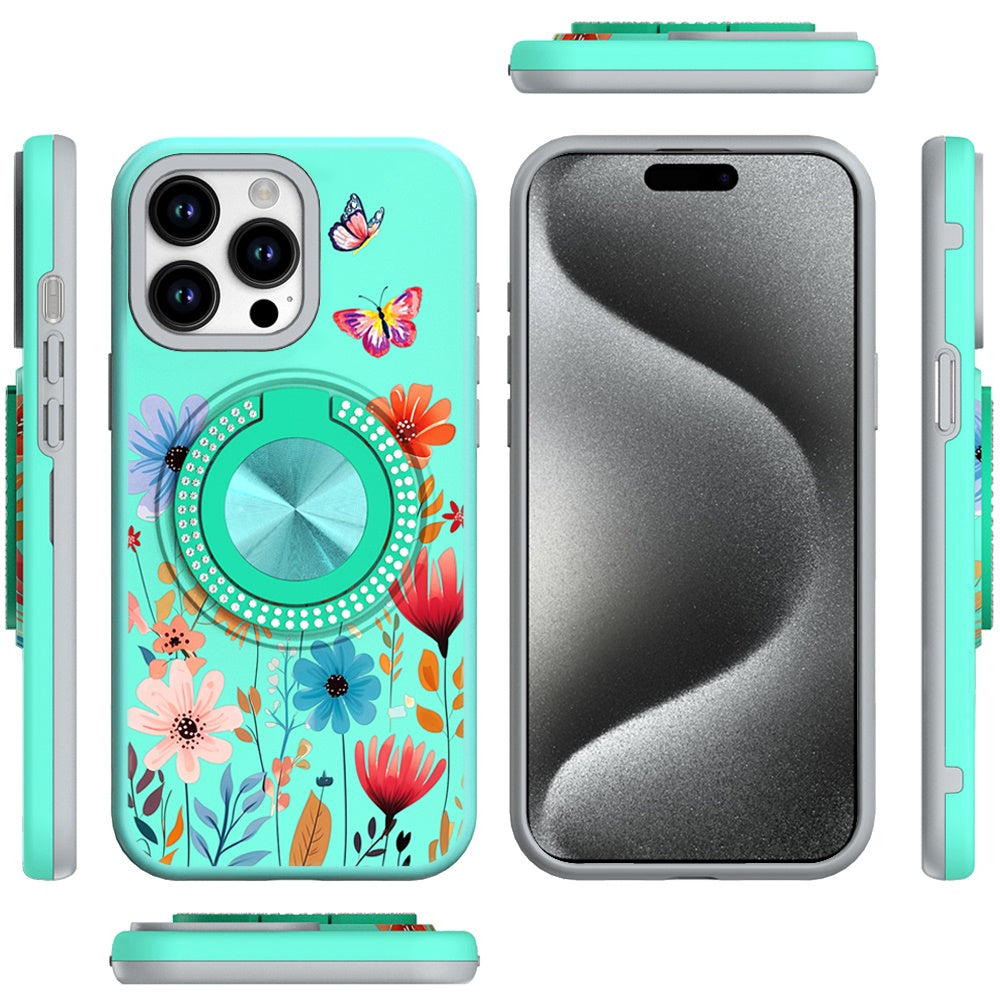 For Apple iPhone 13 Pro Max Pattern Design Hybrid with Invisible Ring Stand & Magnetic Back, Shockproof Protective Grip Case Cover