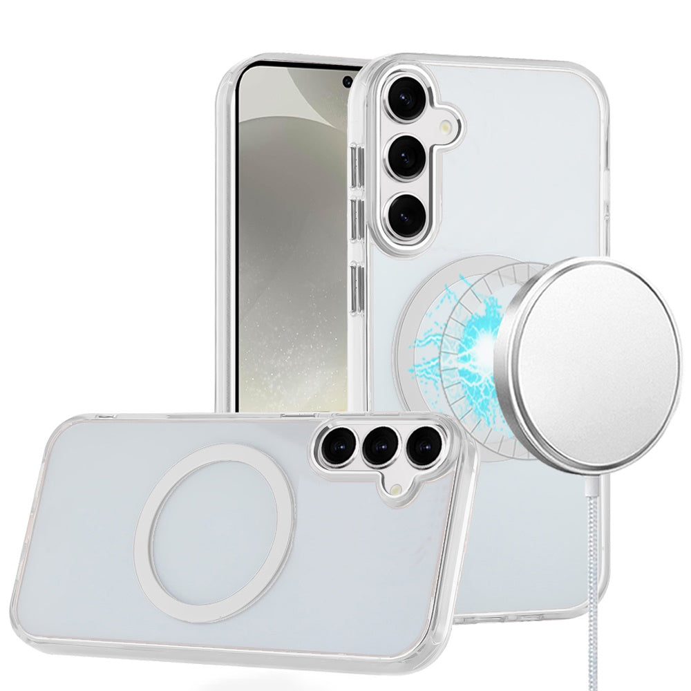 For Samsung Galaxy S25 /S24 Transparent Back Hybrid Case - Magnetic Circle, Color Frame, Metal Buttons, MagSafe Compatible Case Cover
