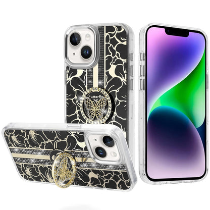 For iPhone 14/13 (6.1") Diamonds 3D Butterfly Floral Design Bling Sparkly Glitter Hybrid Metal Fashion with Ring Stand Case Cover Cosmic Orange