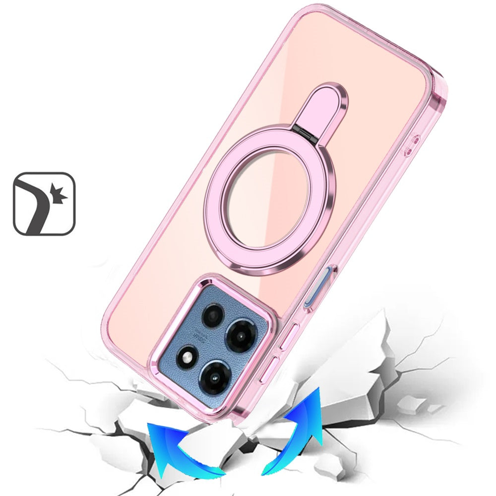 Phone Case for Motorola Moto G Play 5G 2026 Chrome Magnetic Ring Stand Rotational Shockproof Hybrid Kickstand Metal Finish Rugged Drop Protection Armor Cover Light Pink
