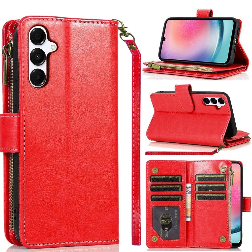 For Samsung Galaxy A26 Leather Wallet Case with Zipper, 9 Card Slots, Cash Pocket, Stand & Strap, Clutch Pouch Design Case Cover