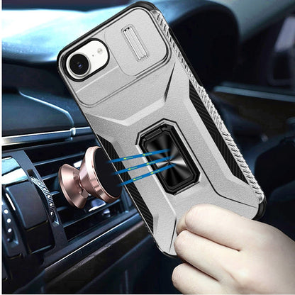 For Apple iPhone 16e Case, Camera Cover with Magnetic Rotation Ring Stand, Military Grade Hybrid Hard TPU Shockproof Case Cover Silver