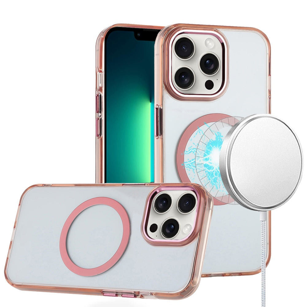 For Apple iPhone 13 Pro Max Transparent Back Hybrid Case - Magnetic Circle, Color Frame, Metal Buttons, MagSafe Compatible Case Cover