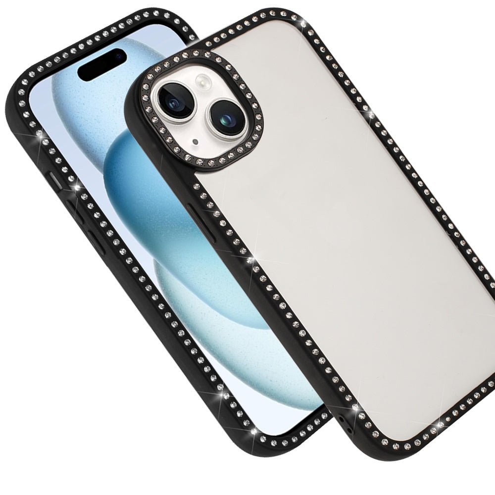 For Apple iPhone 15 Diamond Full Rhinestone Clear Hybrid Protective, Sparkly Bling Transparent Shockproof Bumper All Around Case Cover
