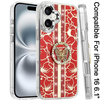 For iPhone 16 (6.1") Diamonds 3D Butterfly Floral Design Bling Sparkly Glitter Hybrid Metal Fashion with Ring Stand Case Cover