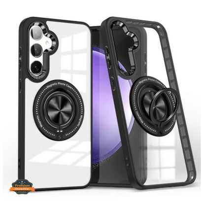 For Samsung Galaxy S25 Ultra Clear Transparent Back Hybrid with Rotating Ring Stand, MagSafe Compatible Shockproof Slim TPU PC Case Cover