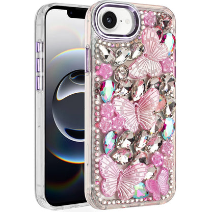 For Apple iPhone 16e 3D Diamond Floral Butterfly Bling Stone Hybrid, Sparkly Rhinestone Gemstone Back Shockproof Case Cover