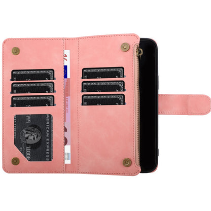 For Apple iPhone 16 Pro (6.3") PU Leather Wallet Design Jewel Bling with Credit Card Holder Flip Folio Pouch Zipper Purse Wrist Strap Case Cover