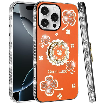 For iPhone 16 Pro Max (6.9") Diamonds Bling All Around Edges Sparkly Glitter Hybrid with Ring Stand Holder Fashion Good Luck Case Cover Cosmic Orange