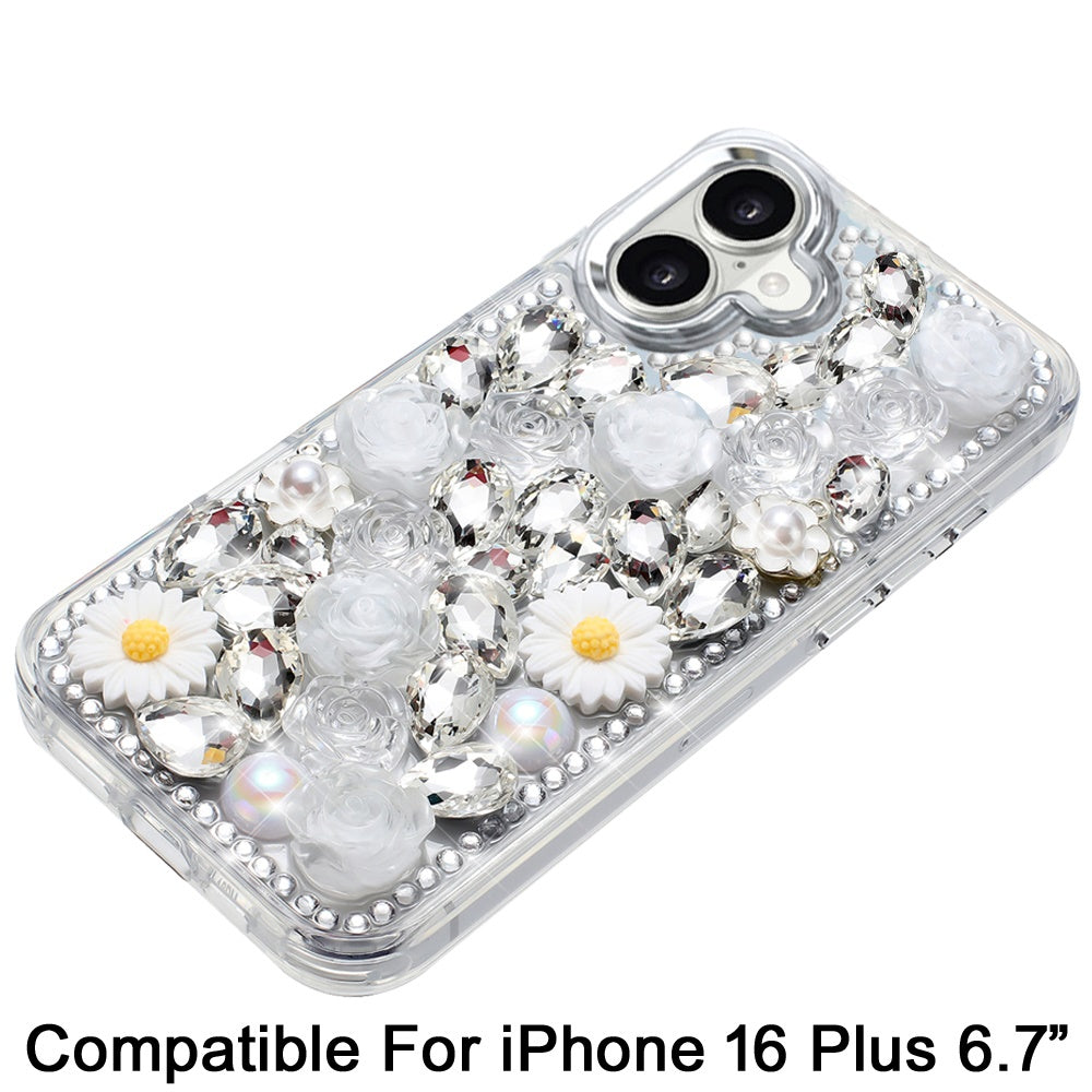 For Apple iPhone 16 Plus (6.7") Fashion Daisy Floral Series, Full 3D Bling Crystal Diamonds Sparkling Rhinestone Glitter Hybrid Design Case Cover