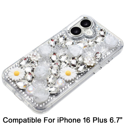 For Apple iPhone 16 Plus (6.7") Fashion Daisy Floral Series, Full 3D Bling Crystal Diamonds Sparkling Rhinestone Glitter Hybrid Design Case Cover
