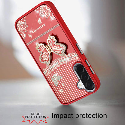For Samsung Galaxy A36 Glitter 3D Butterfly Design Bling Metallic Edge Hybrid Stand Drop Protection TPU Shockproof Case Cover Red