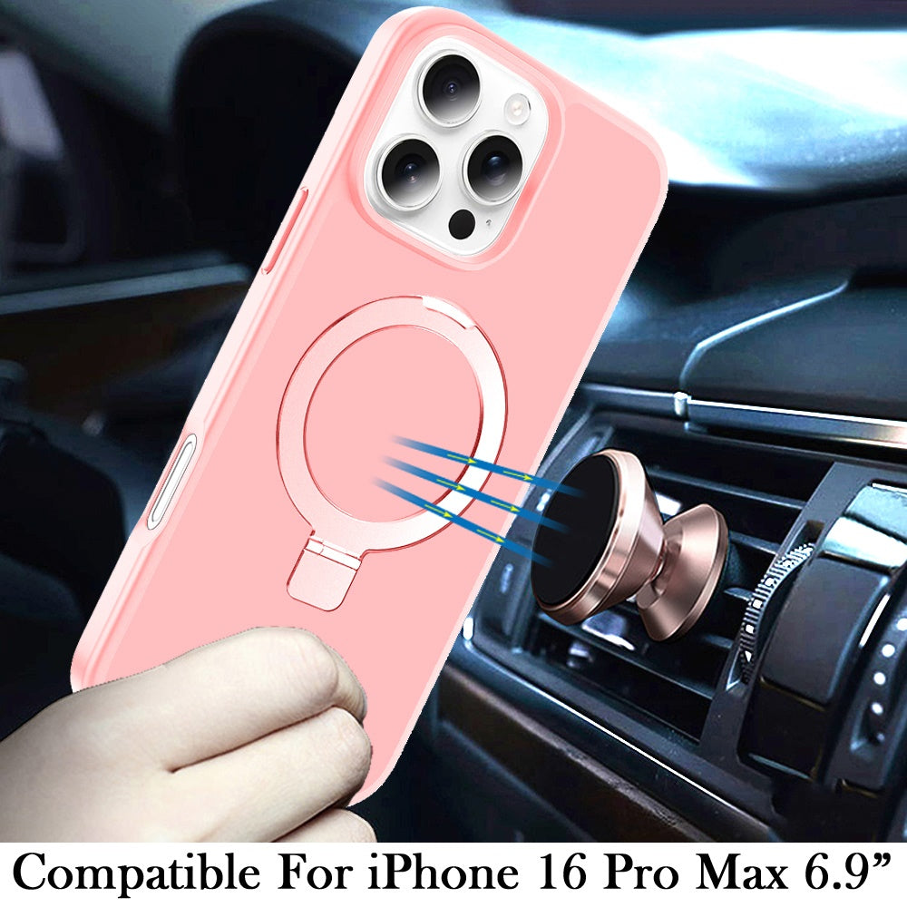 Phone Case for Apple iPhone 16 Pro Max Magnetic Ring Stand Full Rotation Matte Shockproof Grip Anti Slip Durable Camera Protection Hybrid Cover Light Pink