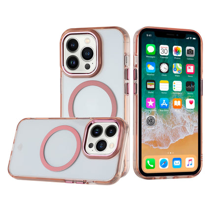For Apple iPhone 13 Pro Transparent Back Hybrid Case - Magnetic Circle, Color Frame, Metal Buttons, MagSafe Compatible Case Cover Rose Gold