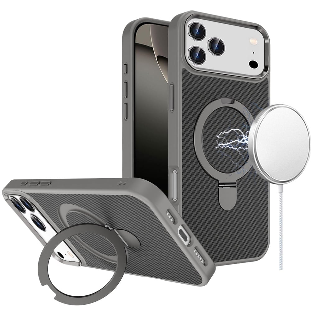 For Apple iPhone 17 Pro (6.3") Hybrid Carbon Fiber Design with MagSafe Compatible [Magnetic Circle], Ring Stand Shockproof Slim TPU Case Cover