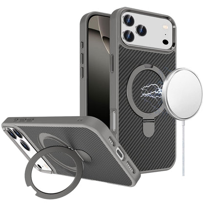 For Apple iPhone 17 Pro (6.3") Hybrid Carbon Fiber Design with MagSafe Compatible [Magnetic Circle], Ring Stand Shockproof Slim TPU Case Cover
