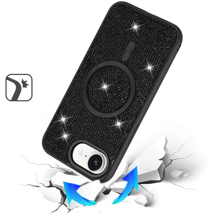 For Apple iPhone 17E /16E Sparkly Diamond Bling Case Rhinestone Skin Hybrid with Magnetic Circle, MagSafe Compatible Case Cover Black