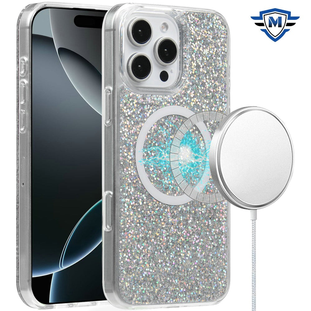 For Apple iPhone 16 Plus (6.7") Premium Transparent Epoxy Glitter Bling Magnetic Circle Compatible with MagSafe Hybrid Sparkle TPU Case Cover