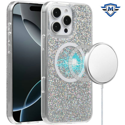 For Apple iPhone 16 (6.1") Premium Transparent Epoxy Glitter Bling Magnetic Circle Compatible with MagSafe Hybrid Sparkle Slim TPU Case Cover