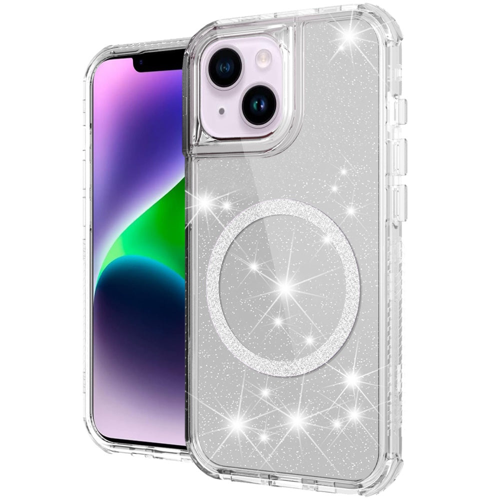 For Apple iPhone 14 / iPhone 13 (6.1") Magnetic Ring Circle Glitter Bling Sparkle 3in1 Hybrid [Compatible with Magsafe] Clear Shockproof Case Cover
