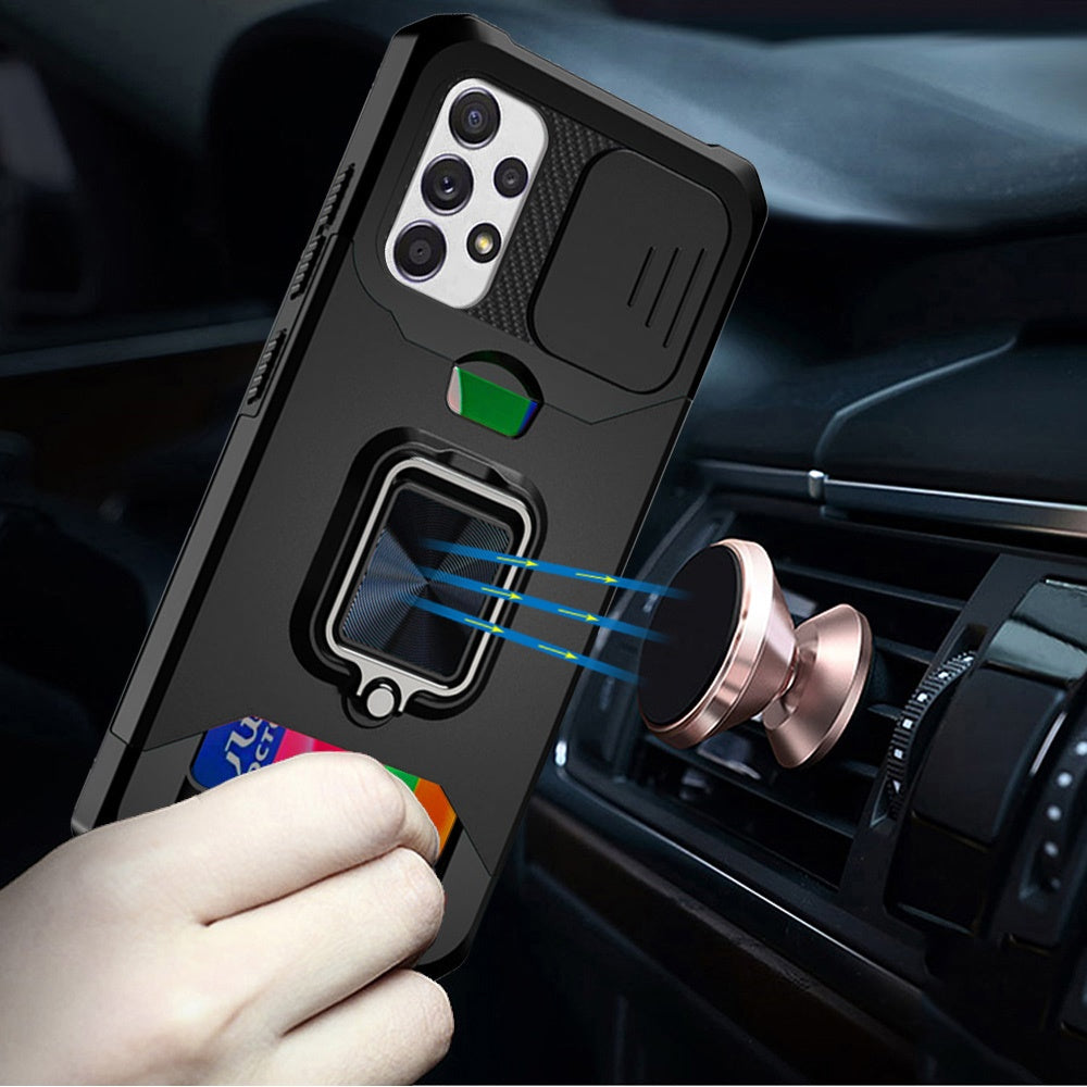 For Samsung Galaxy A32 5G Wallet Case with Ring Stand & Slide Camera Cover Back Credit Card Slot Holder, Military Grade Case Cover Black