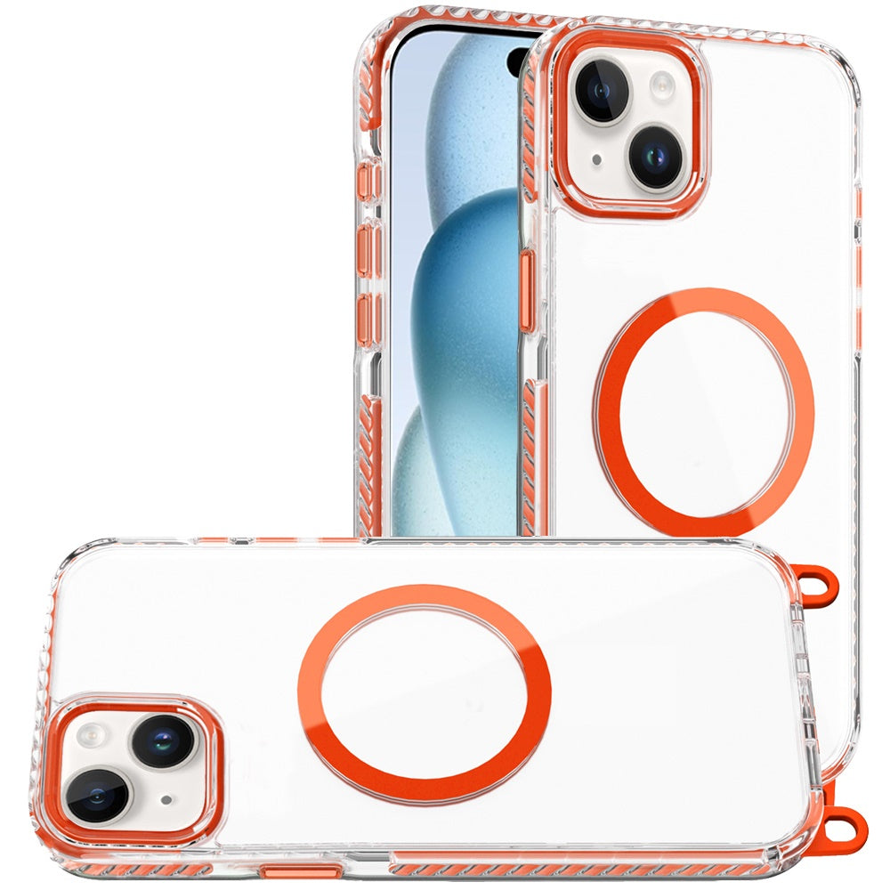 Phone Case for iPhone 15 (6.1") Transparent Magnetic Lanyard Shockproof Hybrid Clear Grip Durable Camera Protection TPU Anti-Slip Design Cover Cosmic Orange