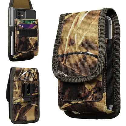 For Apple iPhone 16 (6.1") Vertical Camouflage Nylon Canvas Holster Universal Cell Phone Pouch Velcro Closure with Credit Card Slot & Belt Clip Loop Carabiner [Hunting Camo]