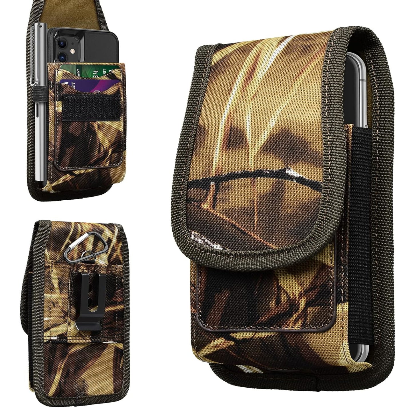 For Apple iPhone 16 Plus (6.7") Vertical Camouflage Nylon Canvas Holster Universal Cell Phone Pouch Velcro Closure with Credit Card Slot & Belt Clip Loop Carabiner [Hunting Camo]