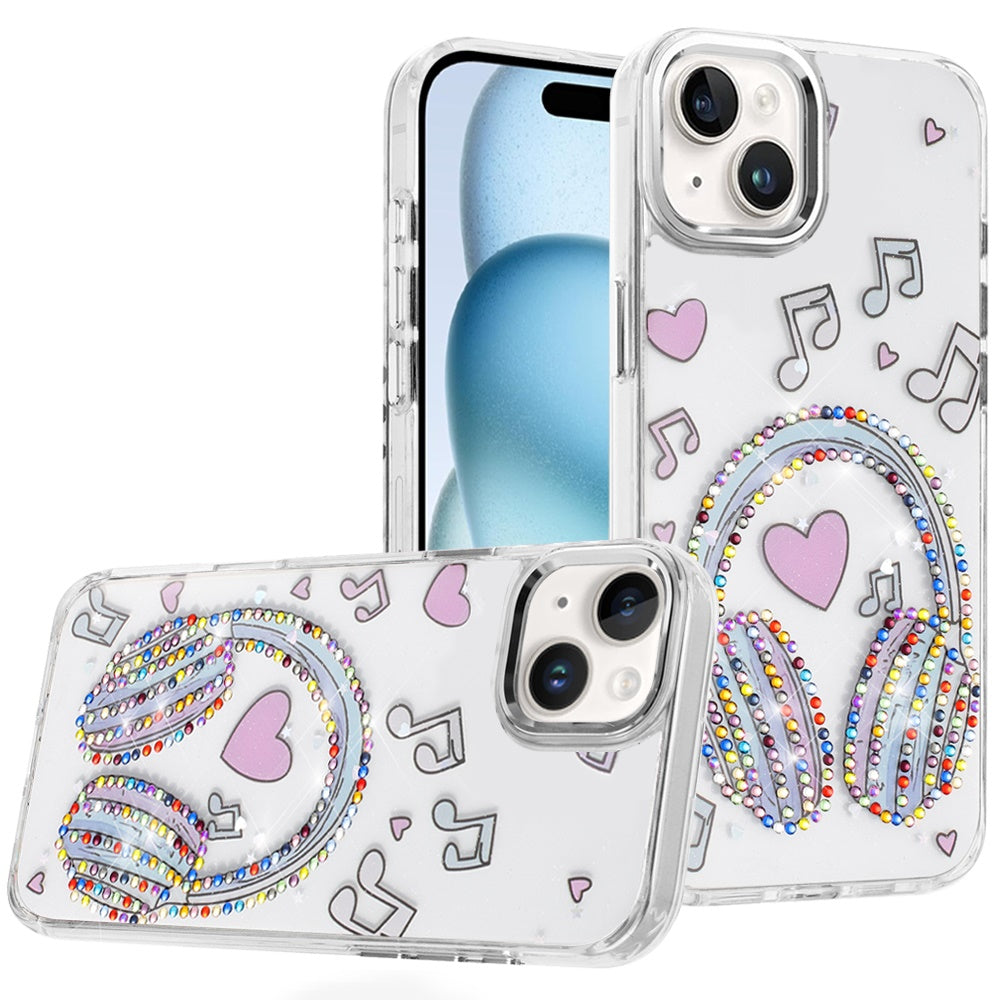 For iPhone 15 (6.1") Butterfly Resin Epoxy Diamond Design Metal Edged Hybrid Shockproof Heavy Duty Drop Protection Case Cover