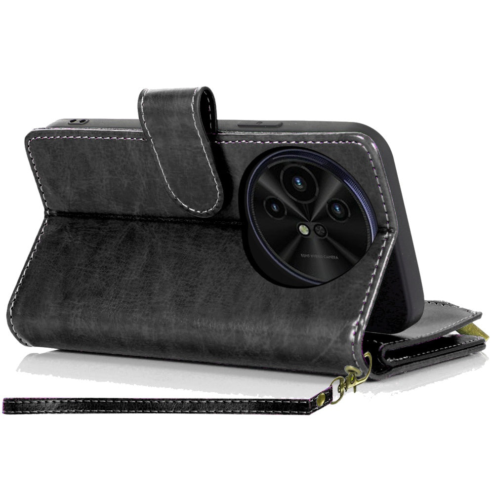 For Samsung Galaxy A16 5G PU Leather Zipper Wallet Case 9 Credit Card Slots Cash Money Pocket Clutch Pouch with Stand & Strap Case Cover Black