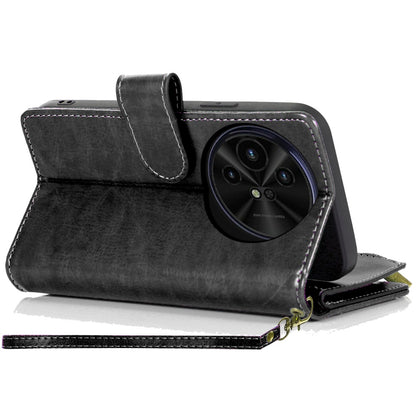 For Samsung Galaxy A16 5G PU Leather Zipper Wallet Case 9 Credit Card Slots Cash Money Pocket Clutch Pouch with Stand & Strap Case Cover Black