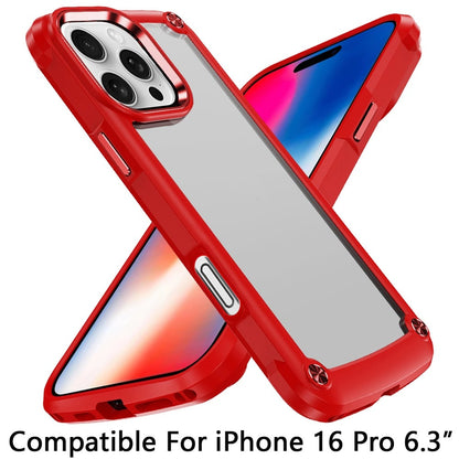 For Apple iPhone 16 Pro Hybrid Transparent Rubber with Metal Buttons & Camera Edges Hard TPU Corner Frame Bumper Case Cover Red