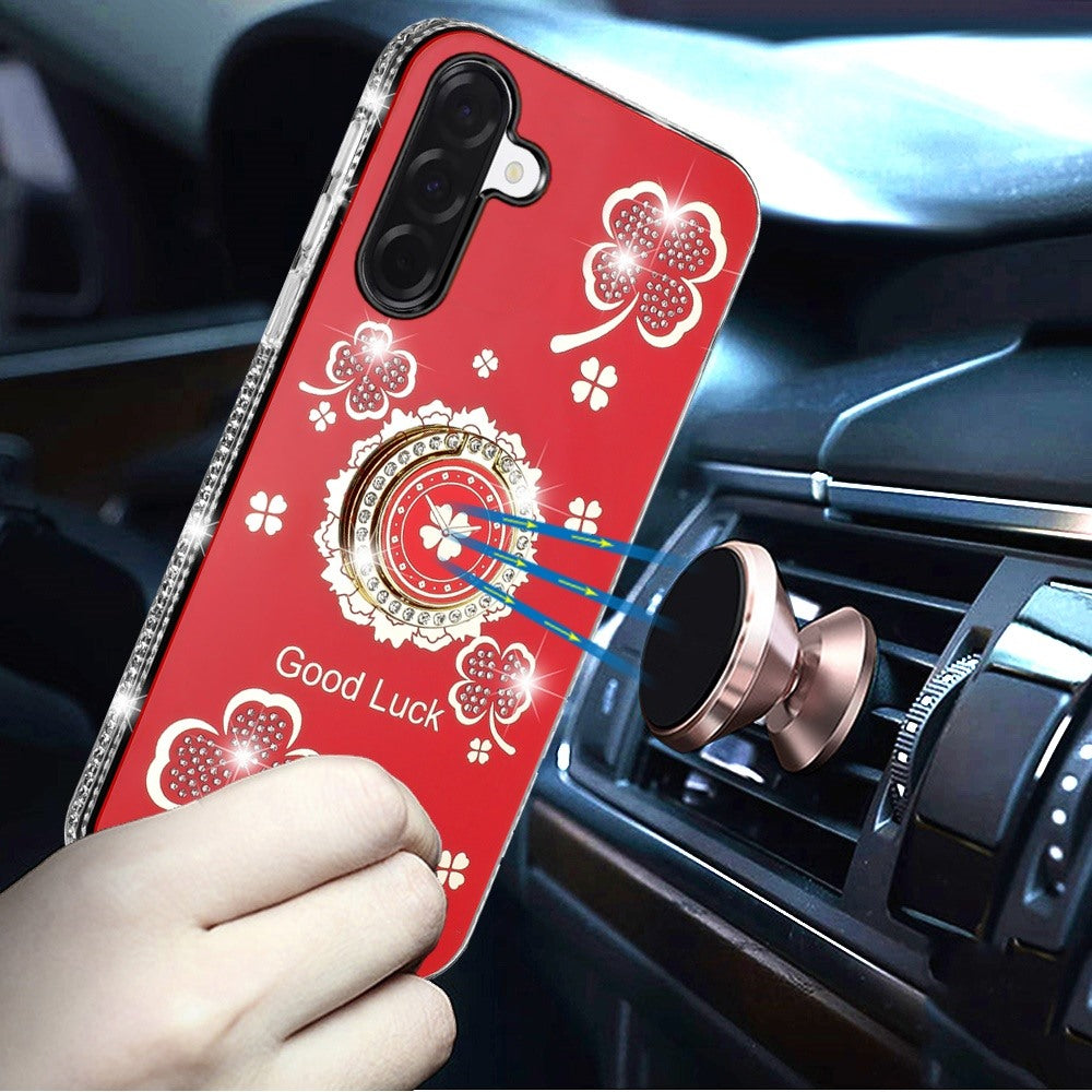 For Samsung Galaxy S25 Fan Edition /Galaxy S25 FE Diamonds Bling All Around Edges Sparkly Glitter Hybrid with Ring Stand Holder Fashion Good Luck Case Cover Red