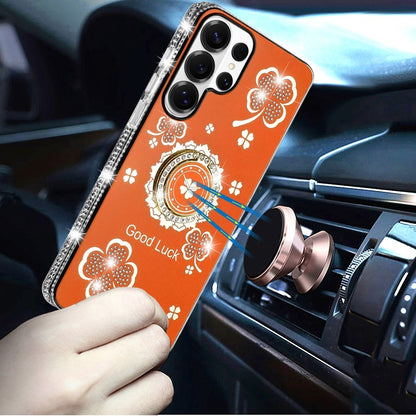 For Samsung Galaxy S25 Ultra Diamonds Bling All Around Edges Sparkly Glitter Hybrid with Ring Stand Holder Fashion Good Luck Case Cover Cosmic Orange