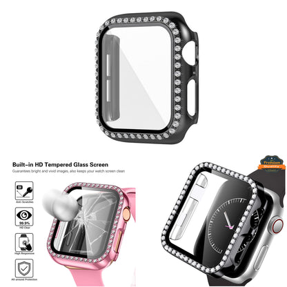 For Apple Watch Size 42mm Luxury Bling Cover Diamond Electroplate Rhinestone Bumper Protective Frame with Tempered Glass Screen Protector Case Cover