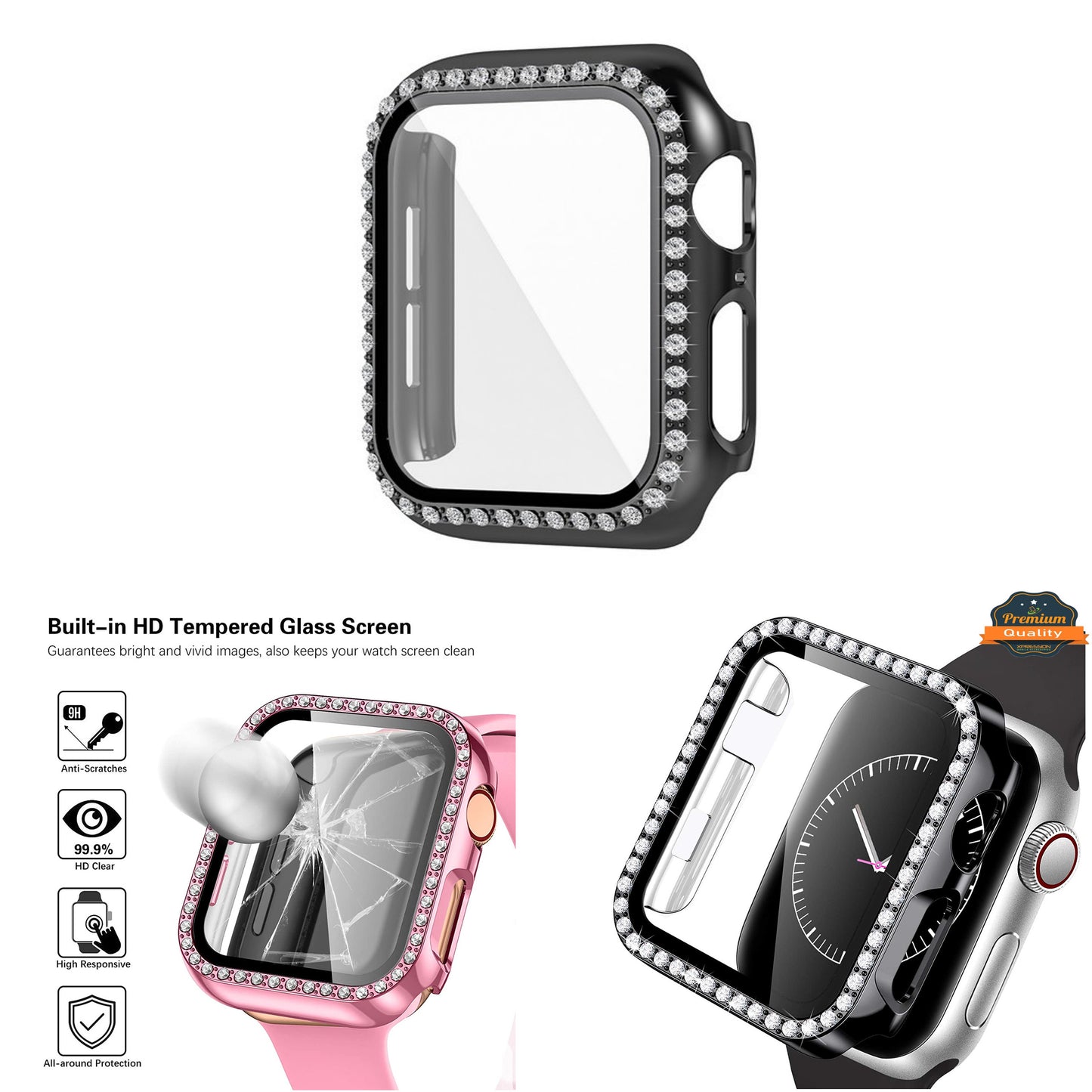 For Apple Watch Size 46mm Luxury Bling Cover Diamond Electroplate Rhinestone Bumper Protective Frame with Tempered Glass Screen Protector Case Cover