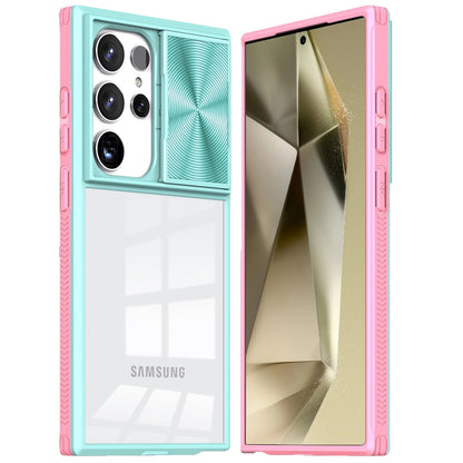For Samsung Galaxy S24 Hybrid Cases with Sliding Camera Cover Transparent Shockproof Bumper TPU Protective Case Cover Pink/Blue
