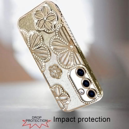 For Samsung Galaxy A16 5G Luxury Flower Design Sparkle Glitter Diamond Rhinestone Shimmer Bling Plating Thick TPU Hard PC Case Cover Rose Gold