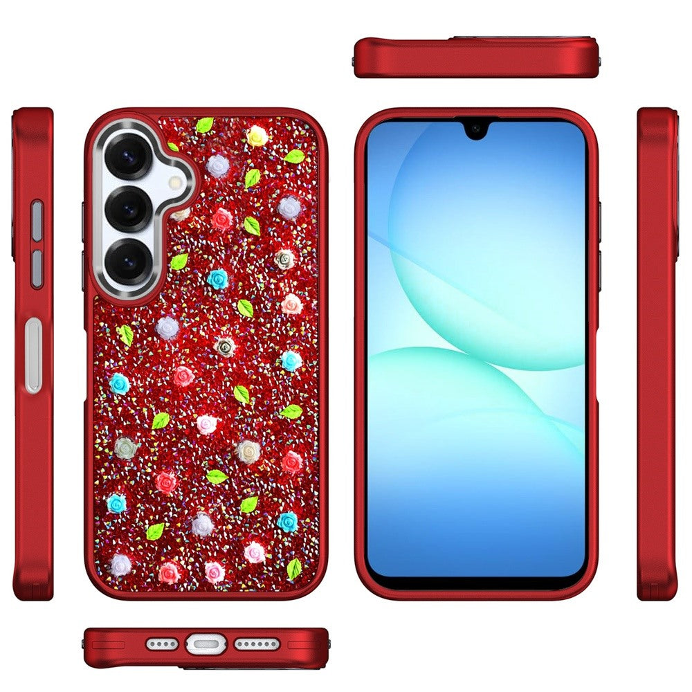 For Samsung Galaxy A17 5G Floral Design Embedded Glass Diamond Fancy Fashion Glitter Bling Sparkly Hybrid Rugged TPU Bumper Case Cover