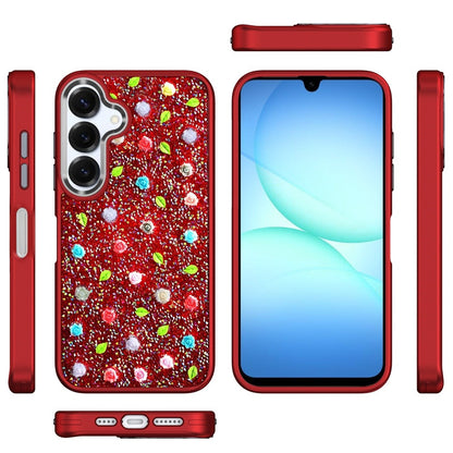 For Samsung Galaxy A17 5G Floral Design Embedded Glass Diamond Fancy Fashion Glitter Bling Sparkly Hybrid Rugged TPU Bumper Case Cover