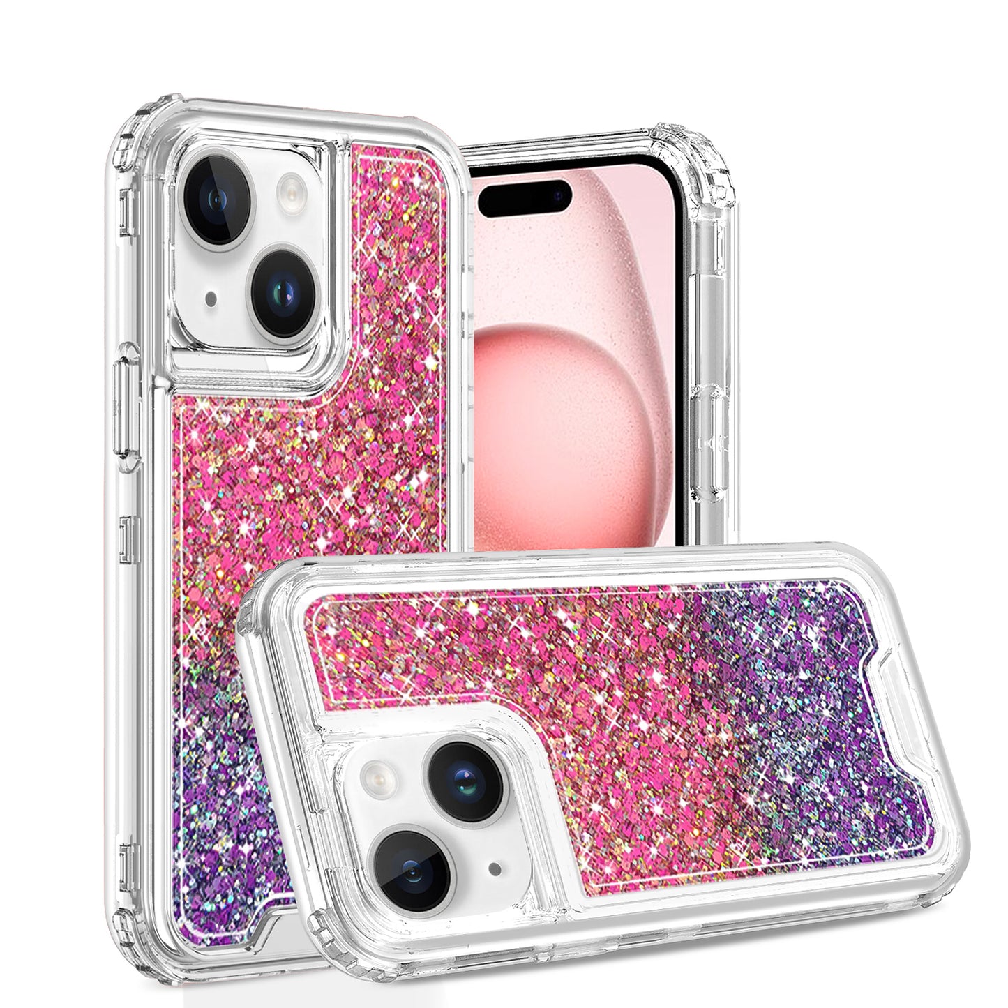For Samsung Galaxy A26 Epoxy Bling Glitter Sparkly 3-in-1 Transparent Hybrid Full-Body Shockproof PC Bumper Case Cover Hot Pink + Purple