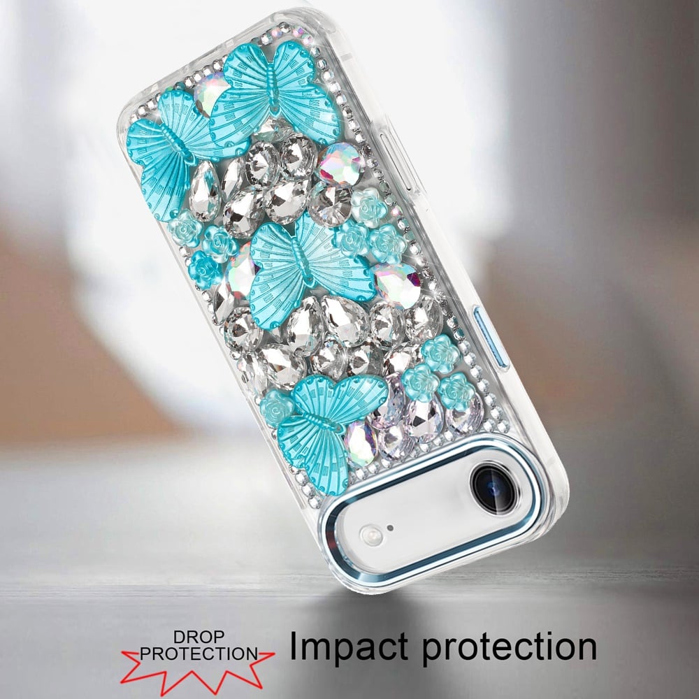 For Apple iPhone 17 Air (6.6") 3D Diamond Floral Butterfly Bling Stone Hybrid, Sparkly Rhinestone Gemstone Back Shockproof Case Cover