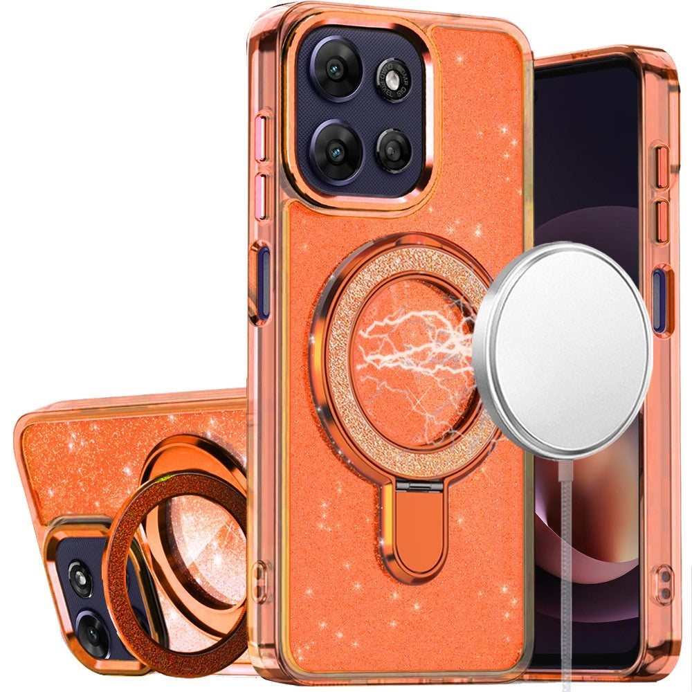 For Motorola Moto G Play 5G 2026 Transparent Glitter Bling Case with Rotating Magnetic Ring Stand, Shockproof Hybrid Case Cover Cosmic Orange